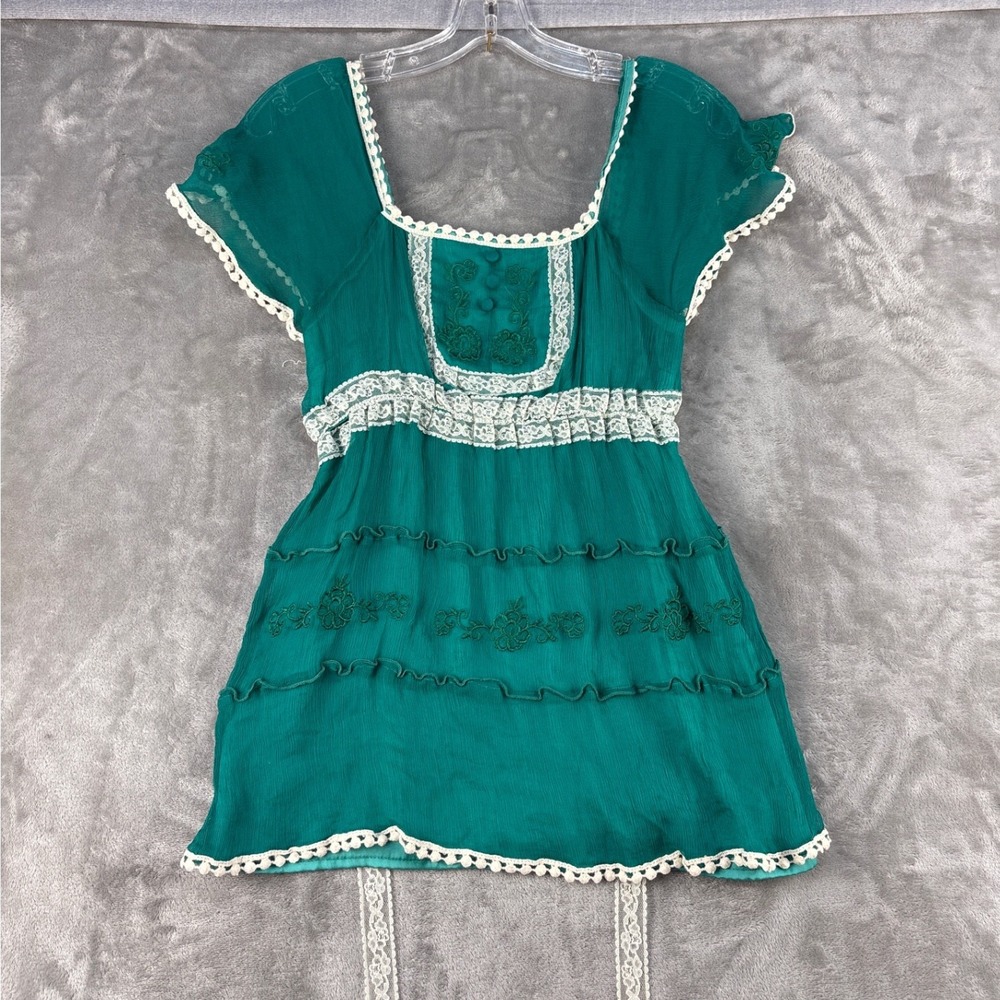MM Couture by Miss Me Emerald Green 100% Silk Lace Babydoll Tunic Top S